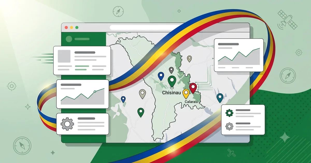Hartă interactivă a regiunii Călărași din Republica Moldova suprapusă peste interfața unui site web rapid CODRUM — agenție web și SIG