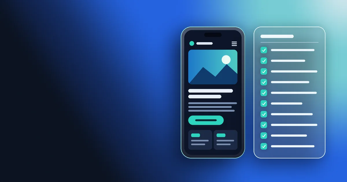 Smartphone affichant un site web à côté d'une liste de dix cases cochées, pour auditer son site soi-même