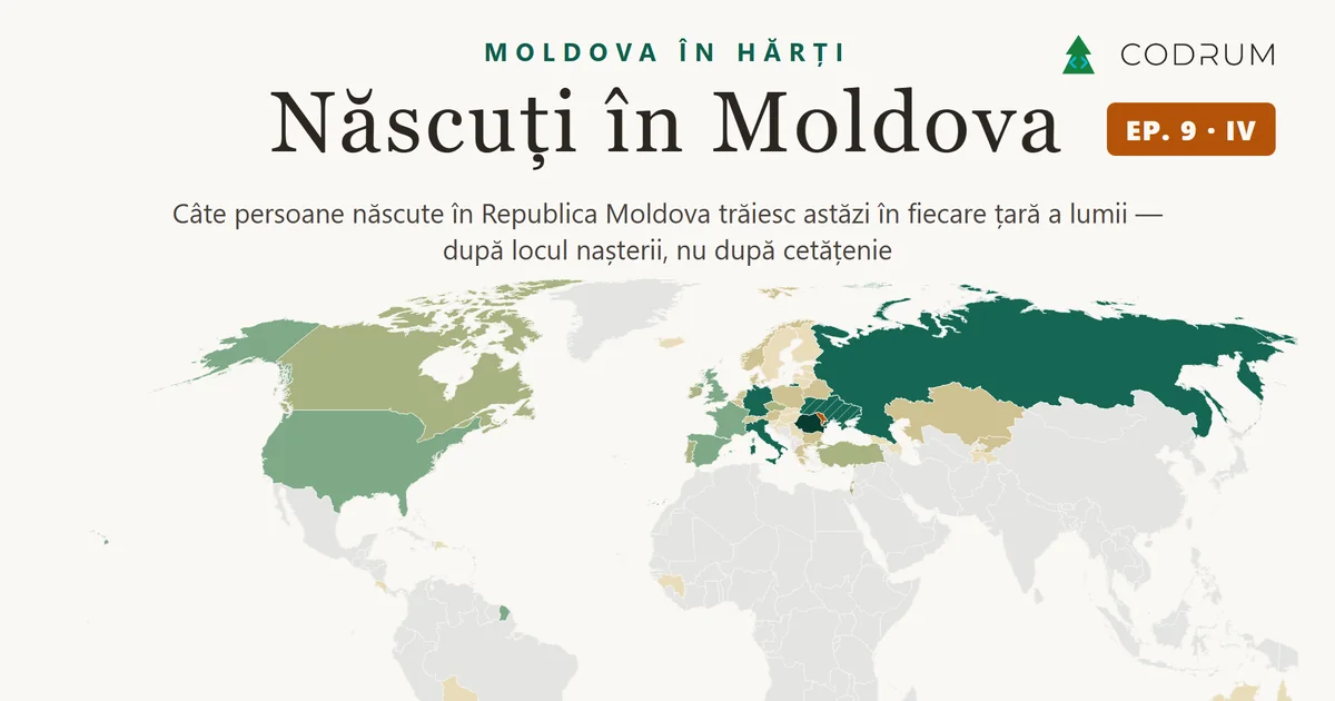 Carte du monde intitulée « Născuți în Moldova » : les pays colorés selon le nombre de personnes nées en République de Moldavie qui y vivent
