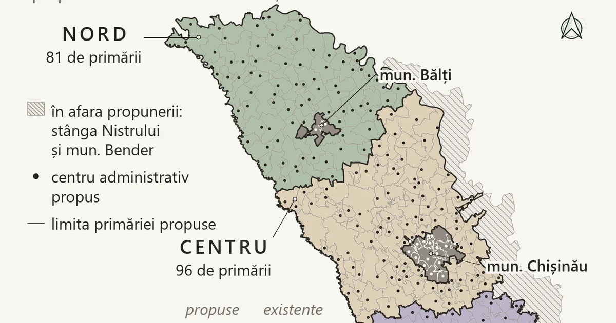 Carte de la République de Moldavie avec les 273 communes proposées par le gouvernement le 8 octobre 2026, en trois régions, avec les centres administratifs proposés