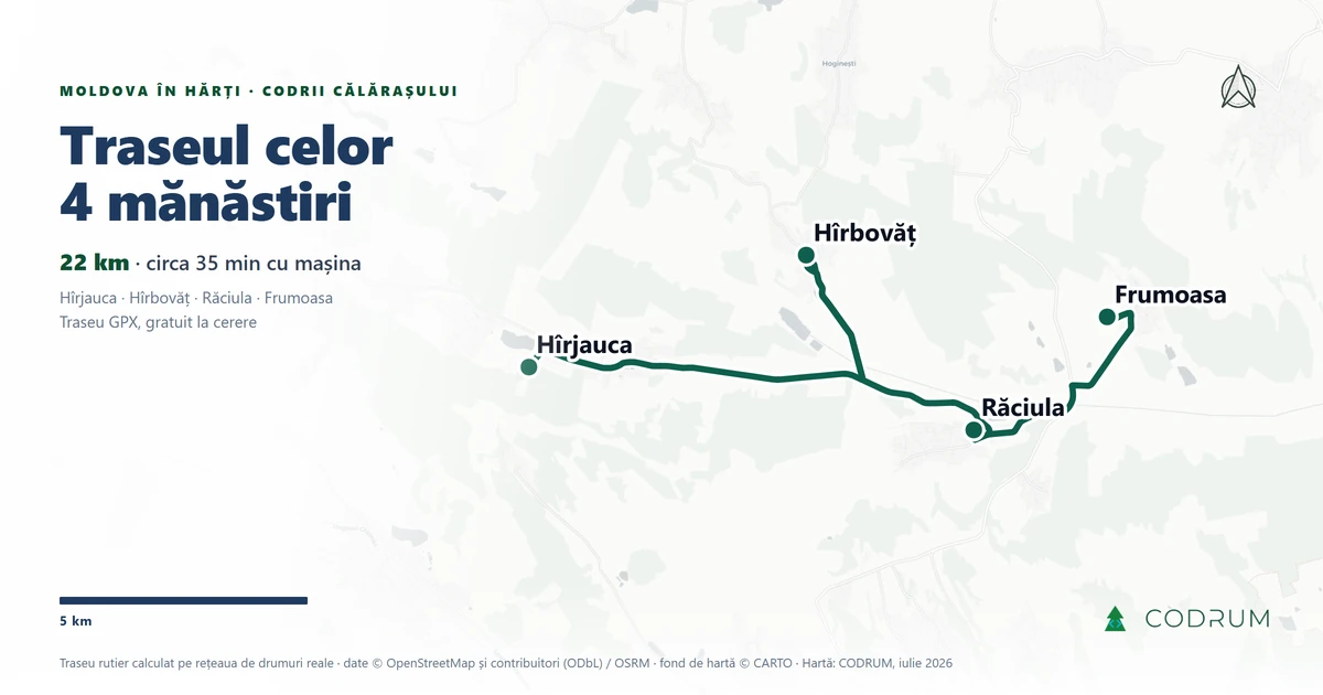 Traseul celor patru mănăstiri din Codrii Călărașului — Hîrjauca, Hîrbovăț, Răciula, Frumoasa — pe hartă, 21,5 km