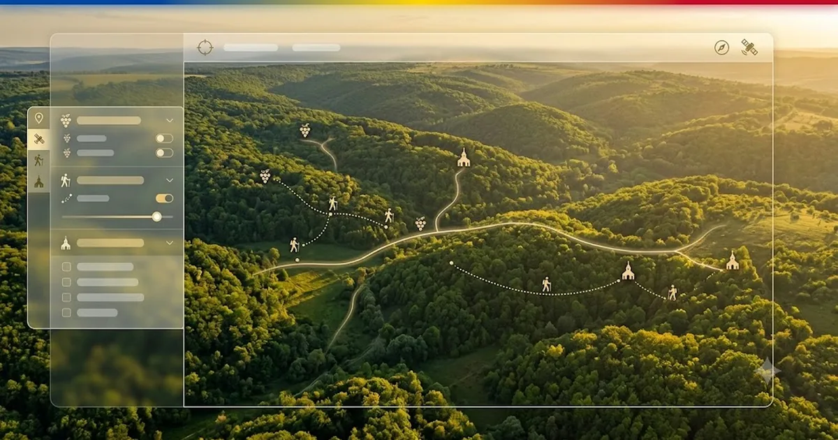 Hartă interactivă web-SIG a traseelor turistice și a cramelor de pe Drumul Vinului, suprapusă peste relieful împădurit al Codrilor Moldovei