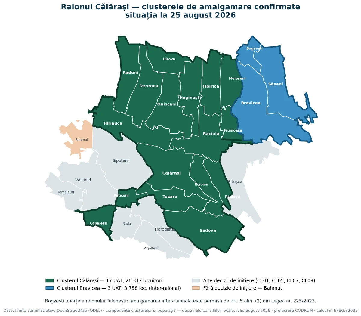 Harta raionului Călărași cu cele 28 de unități administrativ-teritoriale colorate după clusterul de amalgamare: clusterul Călărași cu 17 UAT, clusterul Bravicea cu 3 UAT inclusiv Bogzești din raionul Telenești, alte decizii de inițiere, și Bahmut fără decizie