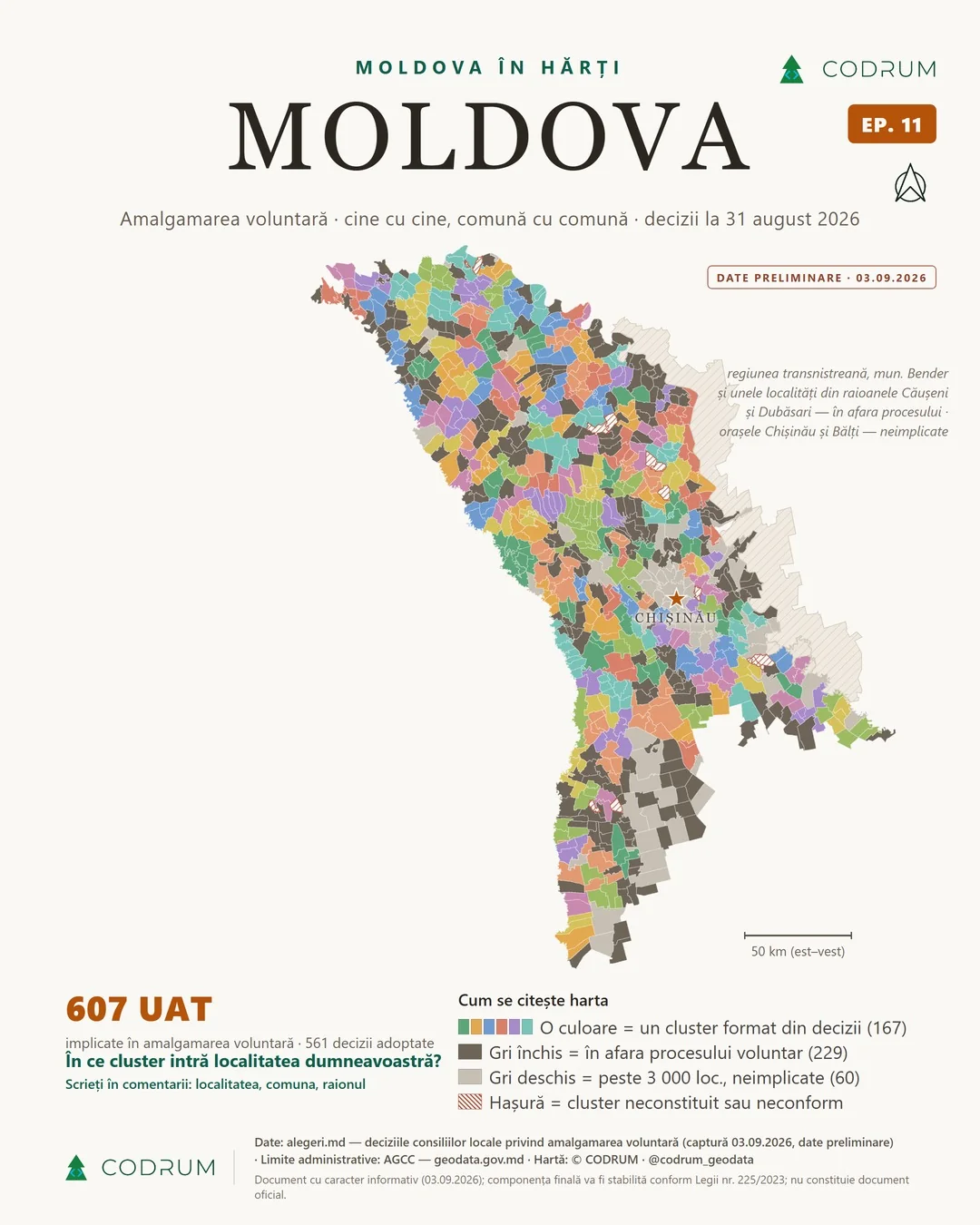 La même carte de la Moldavie avec les limites actuelles de chaque commune conservées : la couleur indique le regroupement dans lequel chaque commune a décidé de s'unir