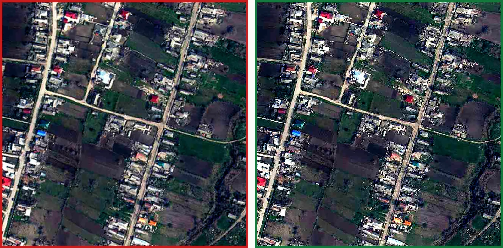 Comparație: același fragment de sat din cadrul gratuit de 2160 px, mărit la scara tiparului, alături de fișierul de tipar la 300 dpi — acoperișurile și drumurile sunt clare doar în fișierul de tipar